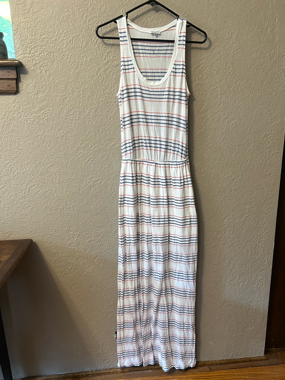 Splendid White Maxi Dress with Navy and Red Stripes